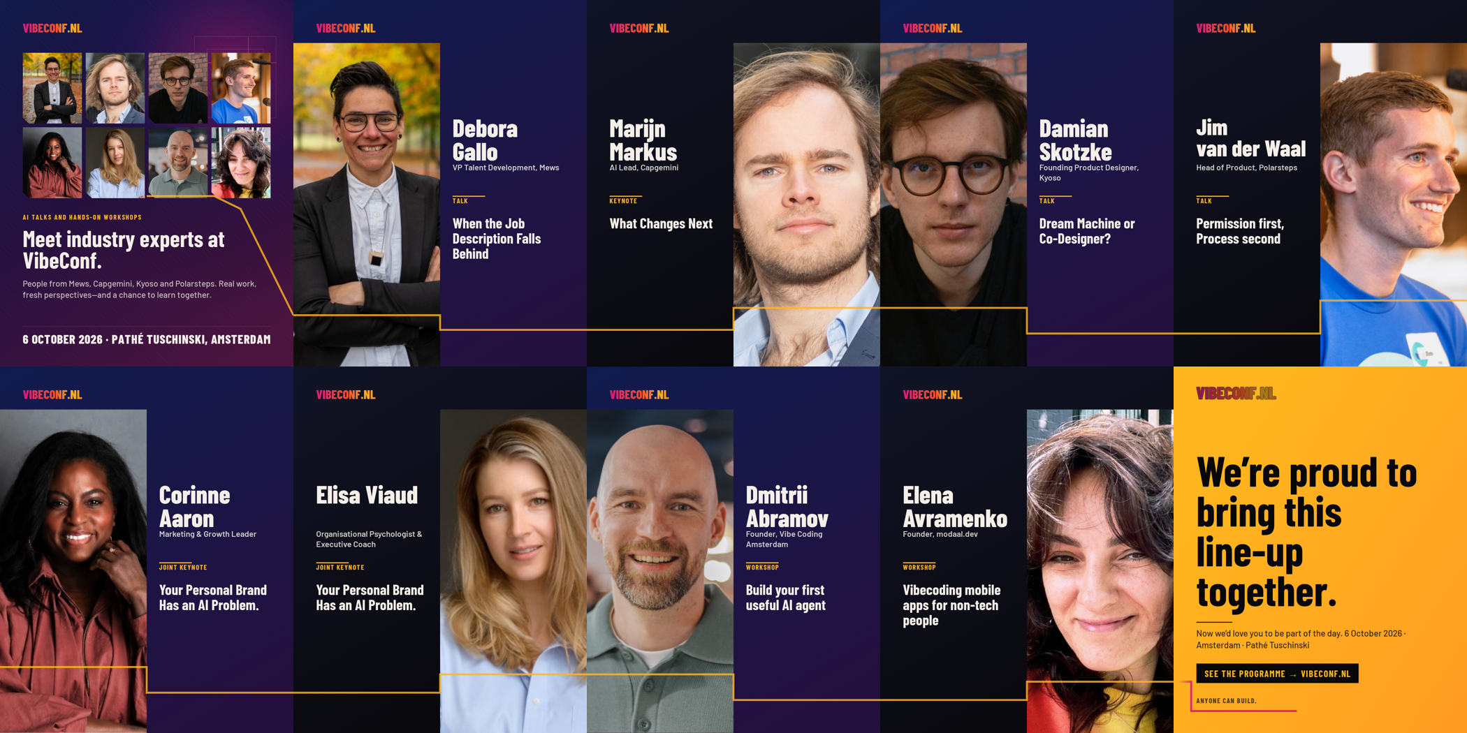 Contact sheet of the VibeConf 2026 line-up: ten slides with speaker portraits, roles and session titles.